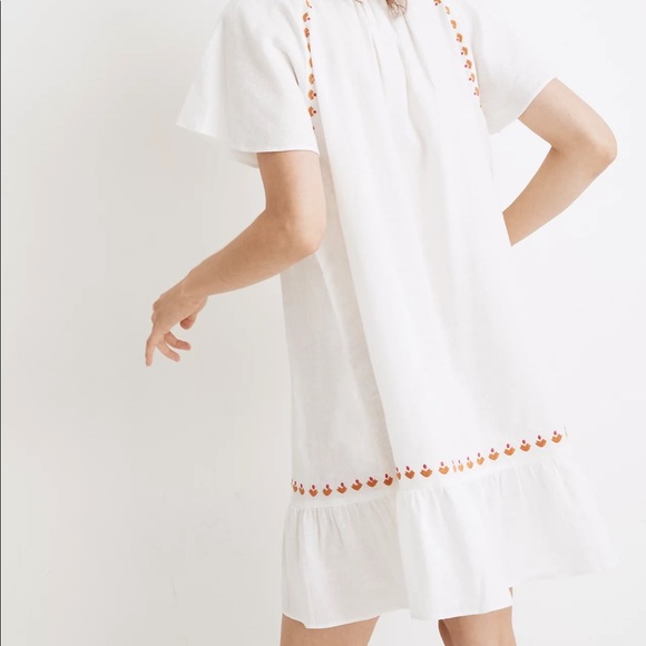 Madewell Embroidered Linen-Blend Raglan Ruffle Mini Dress - Picture 3 of 5